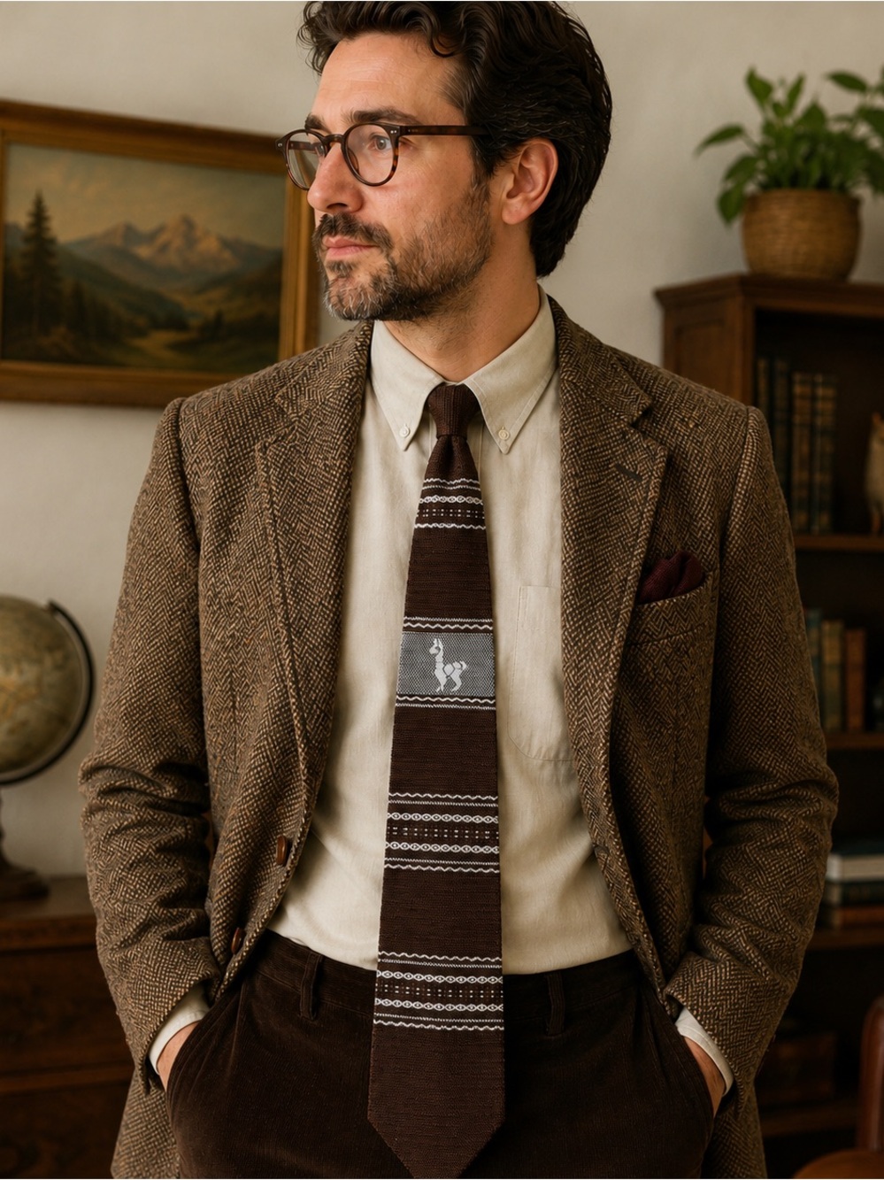 Vintage Peruvian Alpaca Llama Knit Tie Brown Andean Textile Artisan Necktie